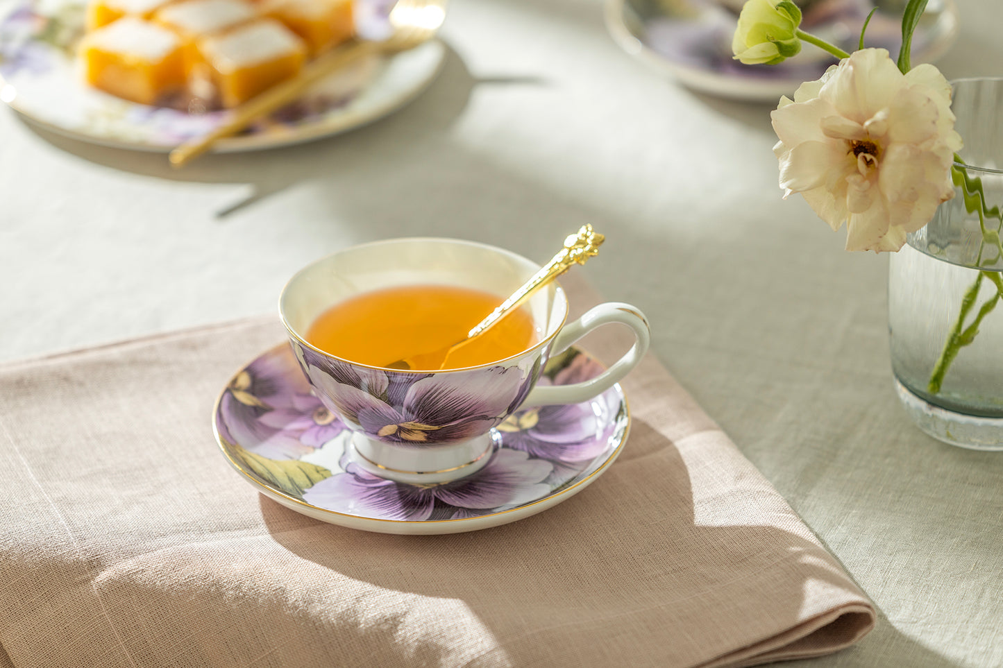 Purple Gold Pansy Bone China Tea Cup and Saucer
