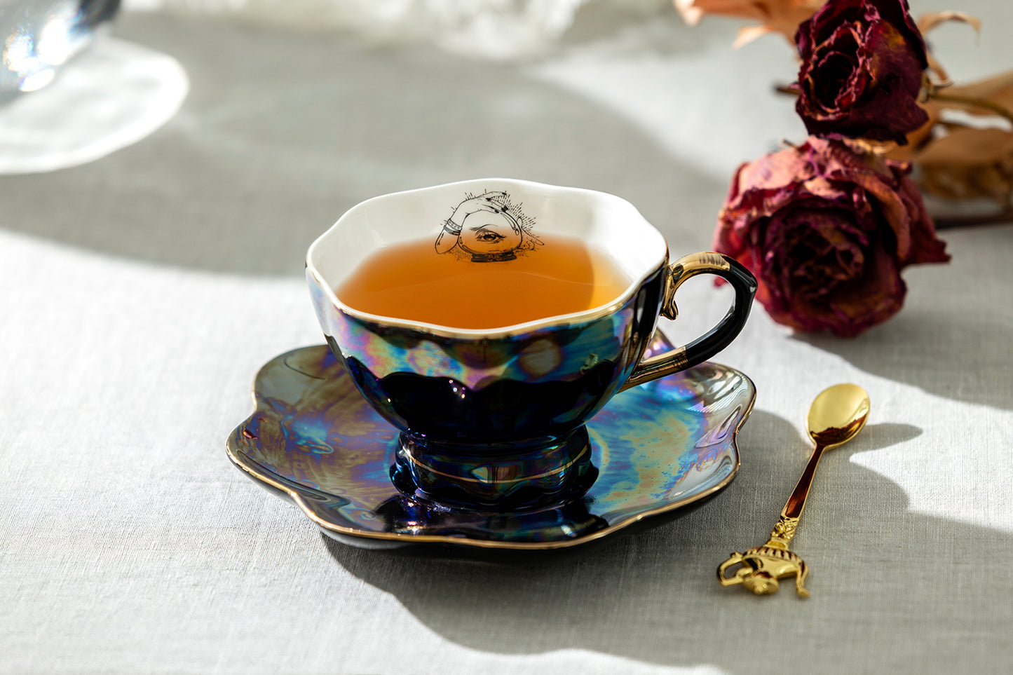 Witchy Crystal Ball Black Gold Luster Tea Cup and Saucer