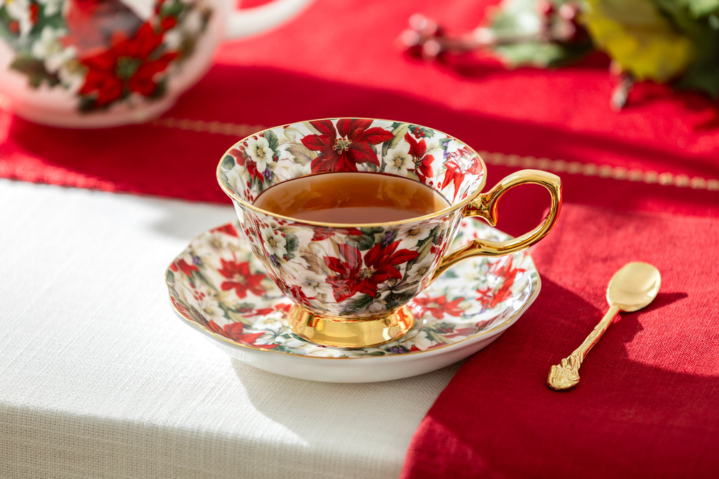 Poinsettia Chintz Gold Bone China Tea Cup and Saucer