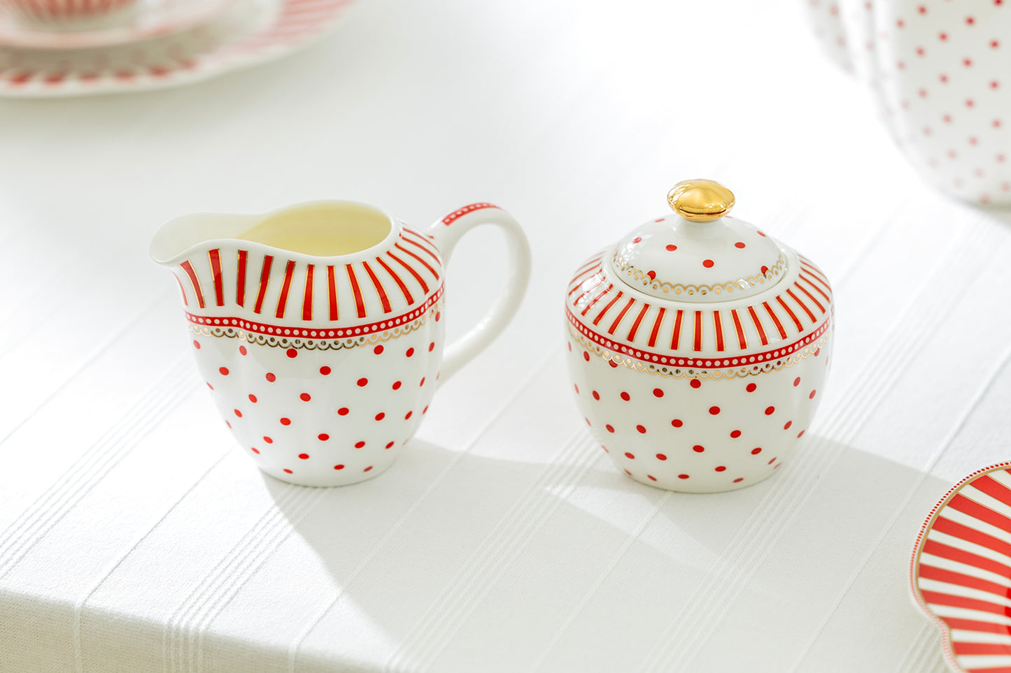 Red Josephine Stripes and Dots Fine Porcelain Sugar & Creamer Set