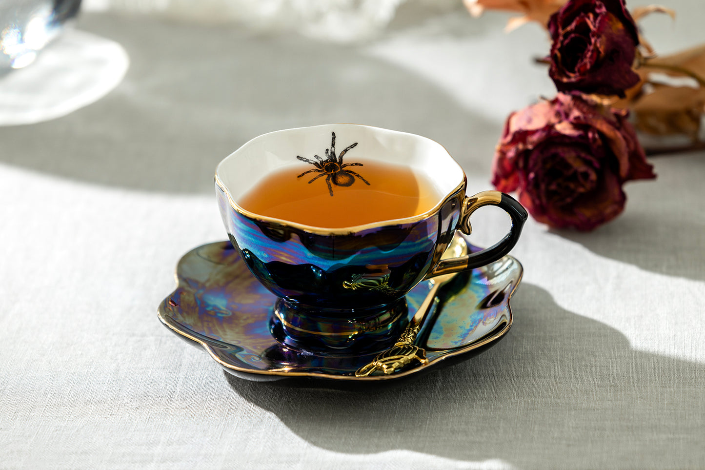 Spider Black Gold Luster Tea Cup and Saucer