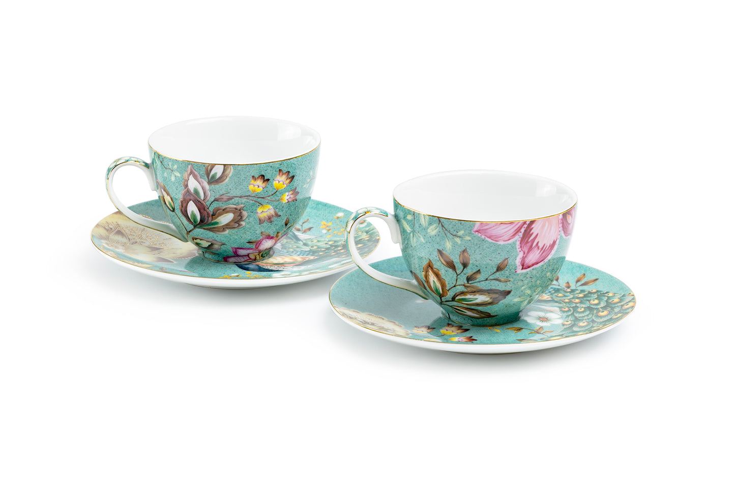Peacock Lotus Garden Green Fine Porcelain Cup and Saucer Set of 2