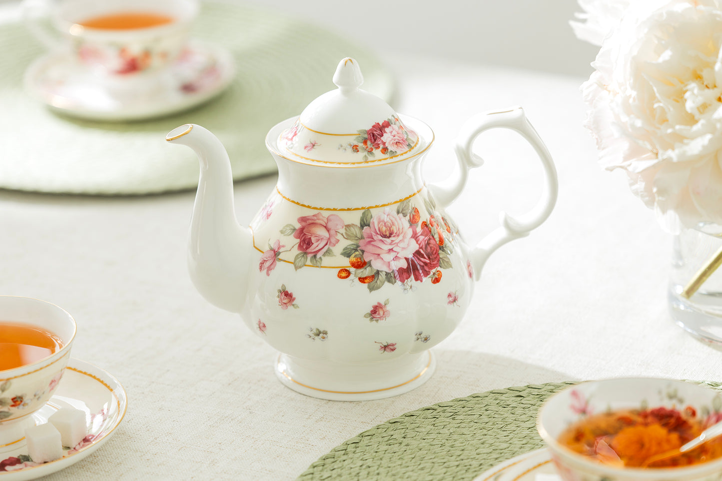 Peony and Strawberry Cream Bone China Teapot