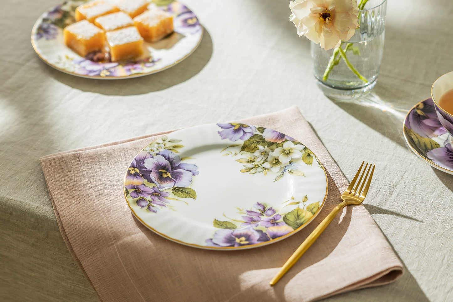 Purple Gold Pansy Bone China Tea Set