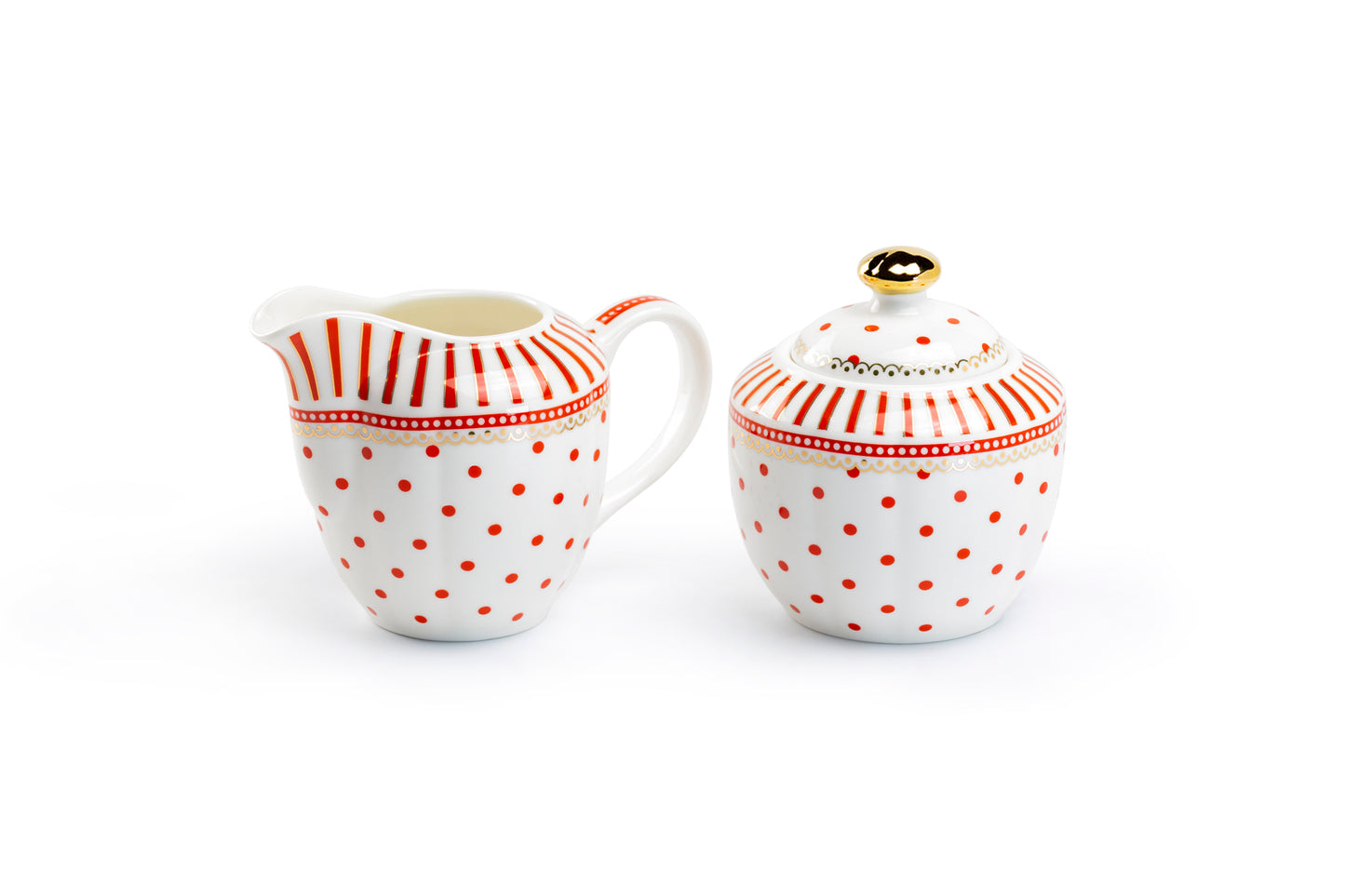 Red Josephine Stripes and Dots Fine Porcelain Sugar & Creamer Set
