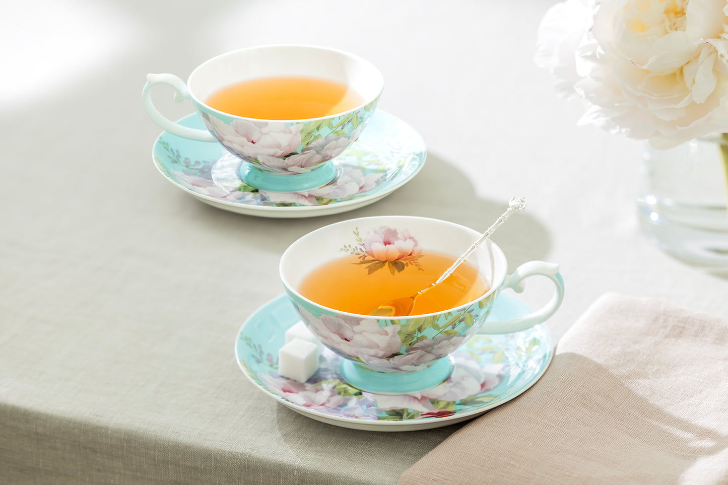 Peony Blue Bone China Cup and Saucer