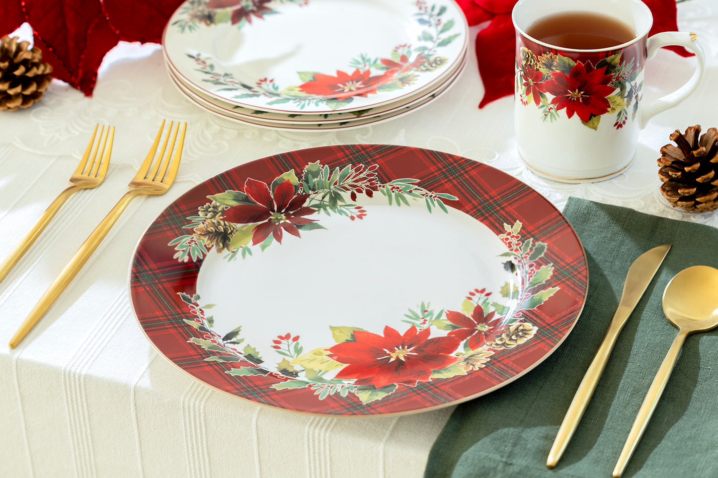 Poinsettia Pine Cone Plaid Fine Porcelain Dinner Plate