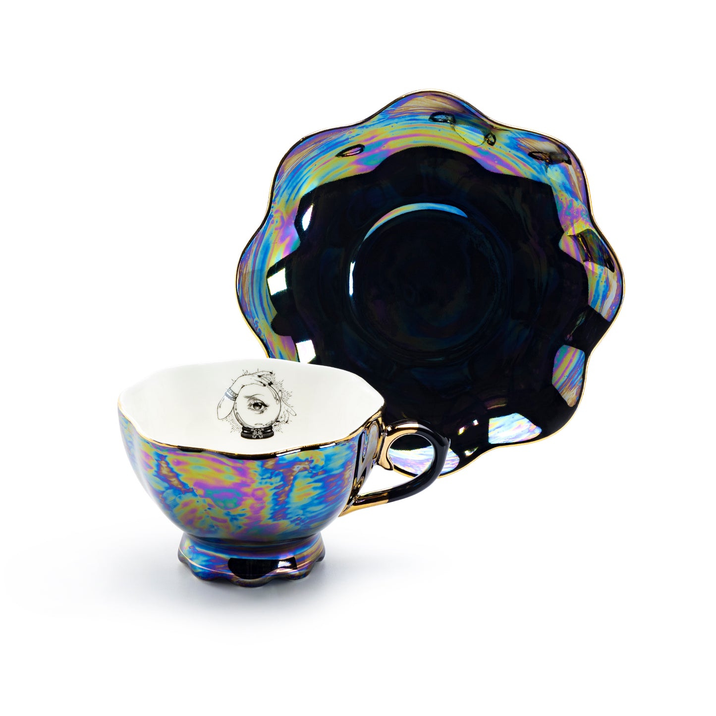 Witchy Crystal Ball Black Gold Luster Tea Cup and Saucer