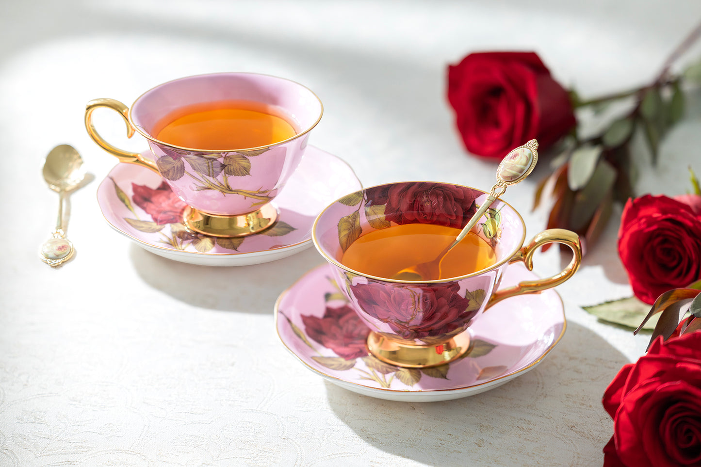 Gold Pink Stem Rose Bone China Tea Cup and Saucer