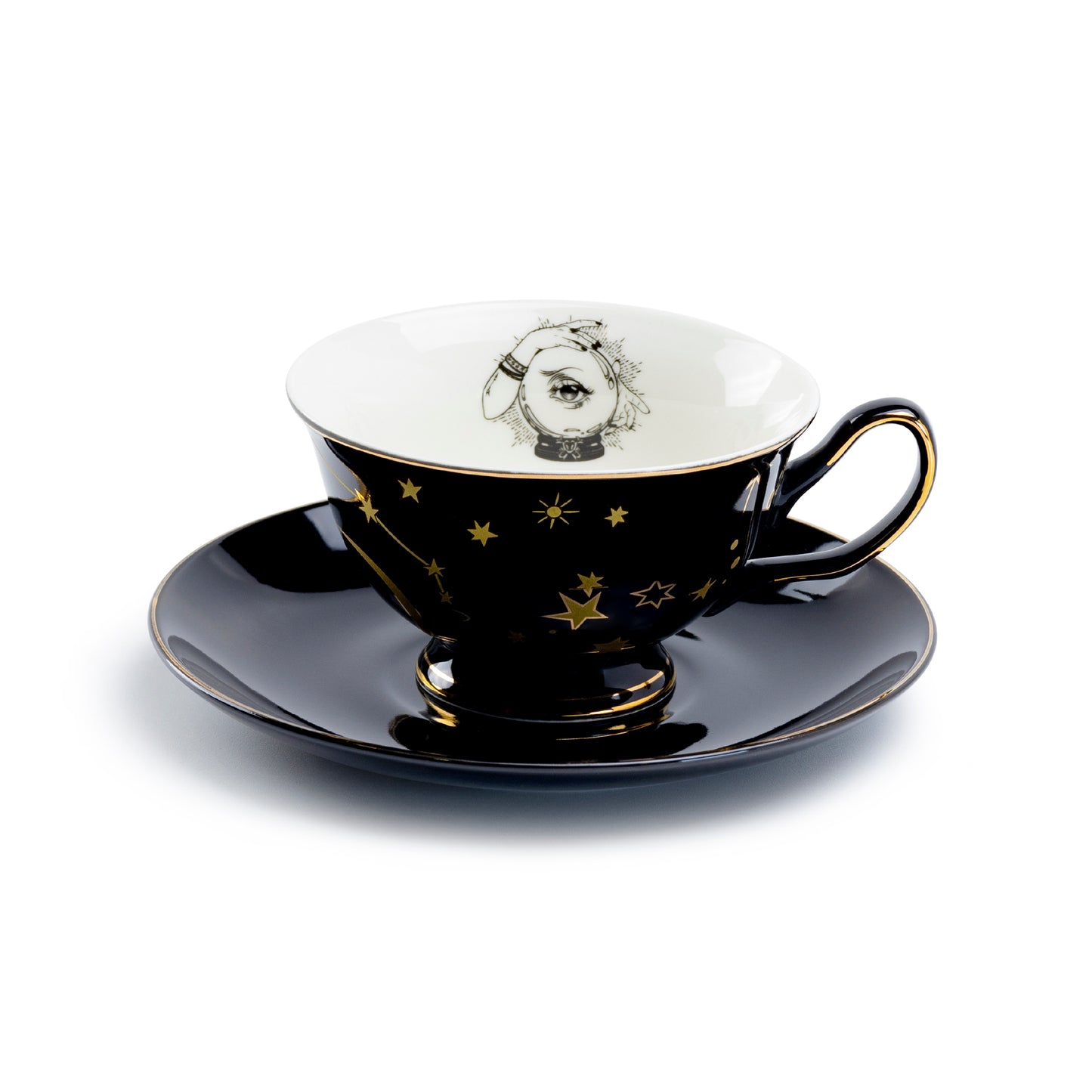 Witchy Crystal Ball Astrology Black Gold Tea Cup and Saucer