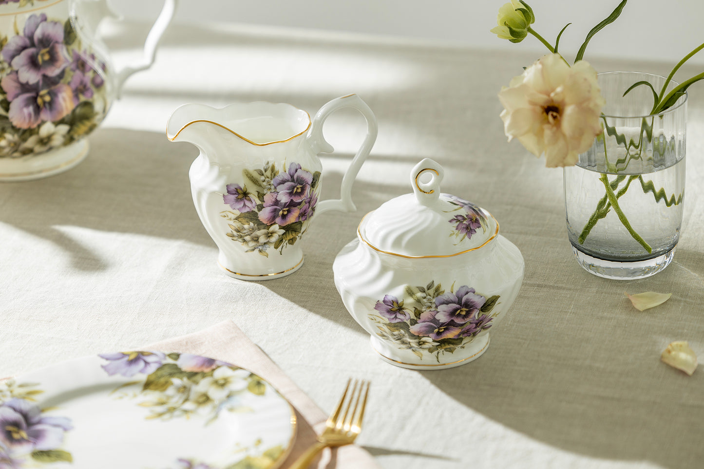 Purple Pansy Bone China Sugar & Creamer Set