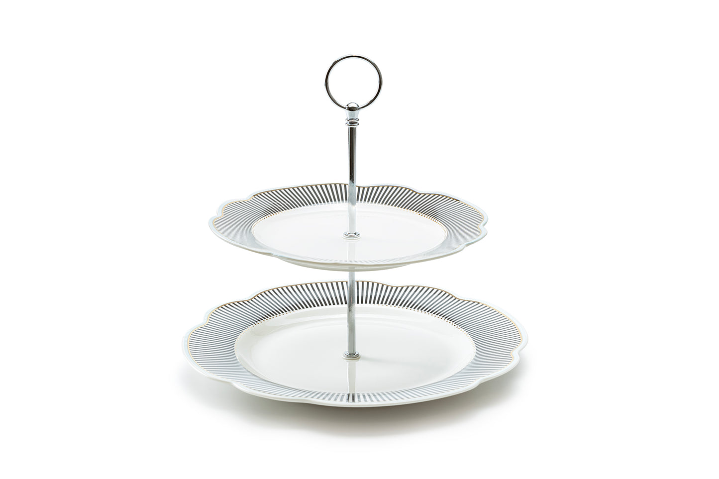 Dark Gray Stripes with Gold Dots Scallop Fine Porcelain 2-Tier Server