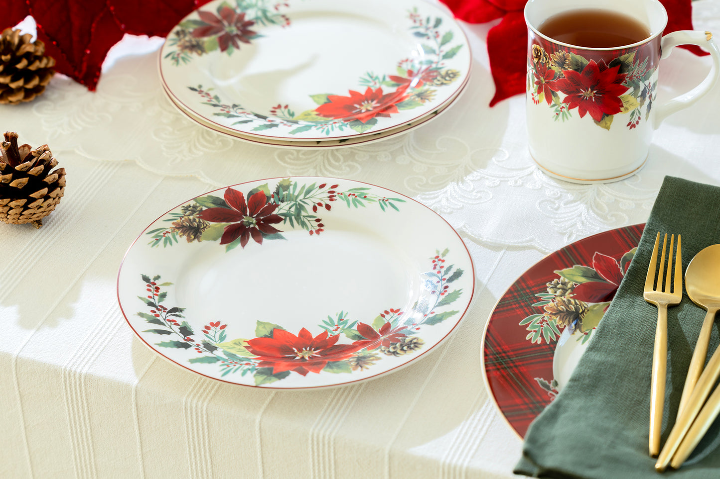 Poinsettia Pine Cone Fine Porcelain Dessert Plate