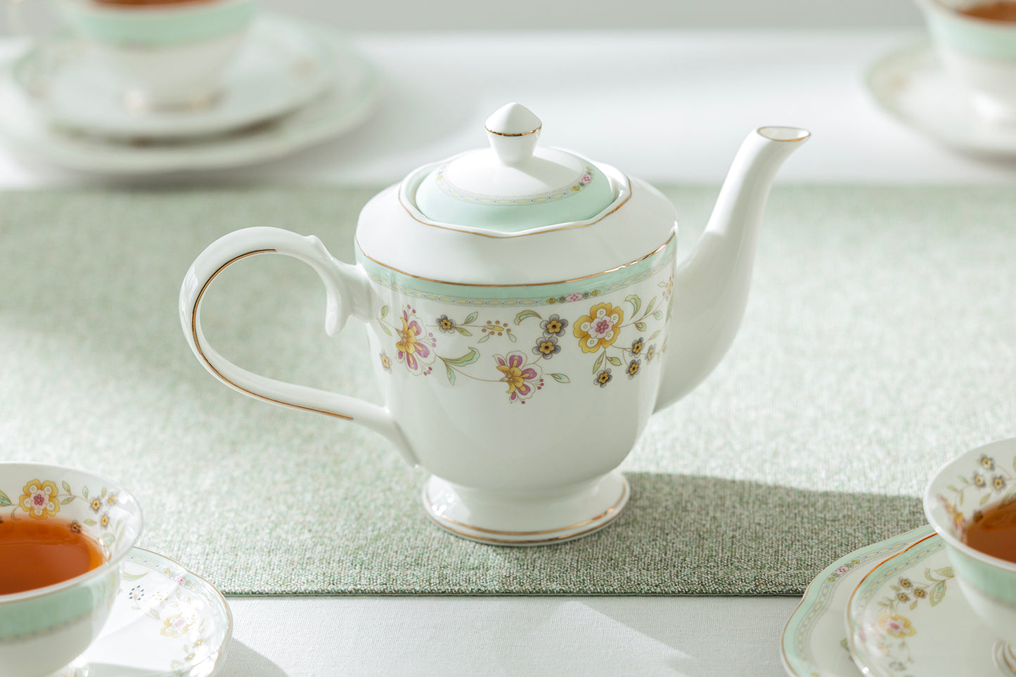 Yellow Corn Flowers with Mint Rim Fine Porcelain Teapot
