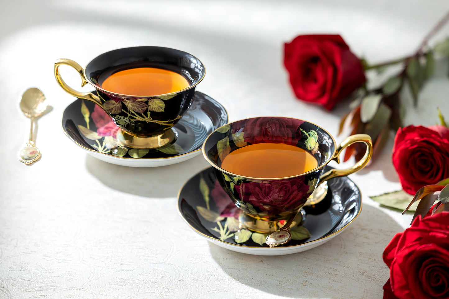 Gold Black Stem Rose Bone China Tea Cup and Saucer