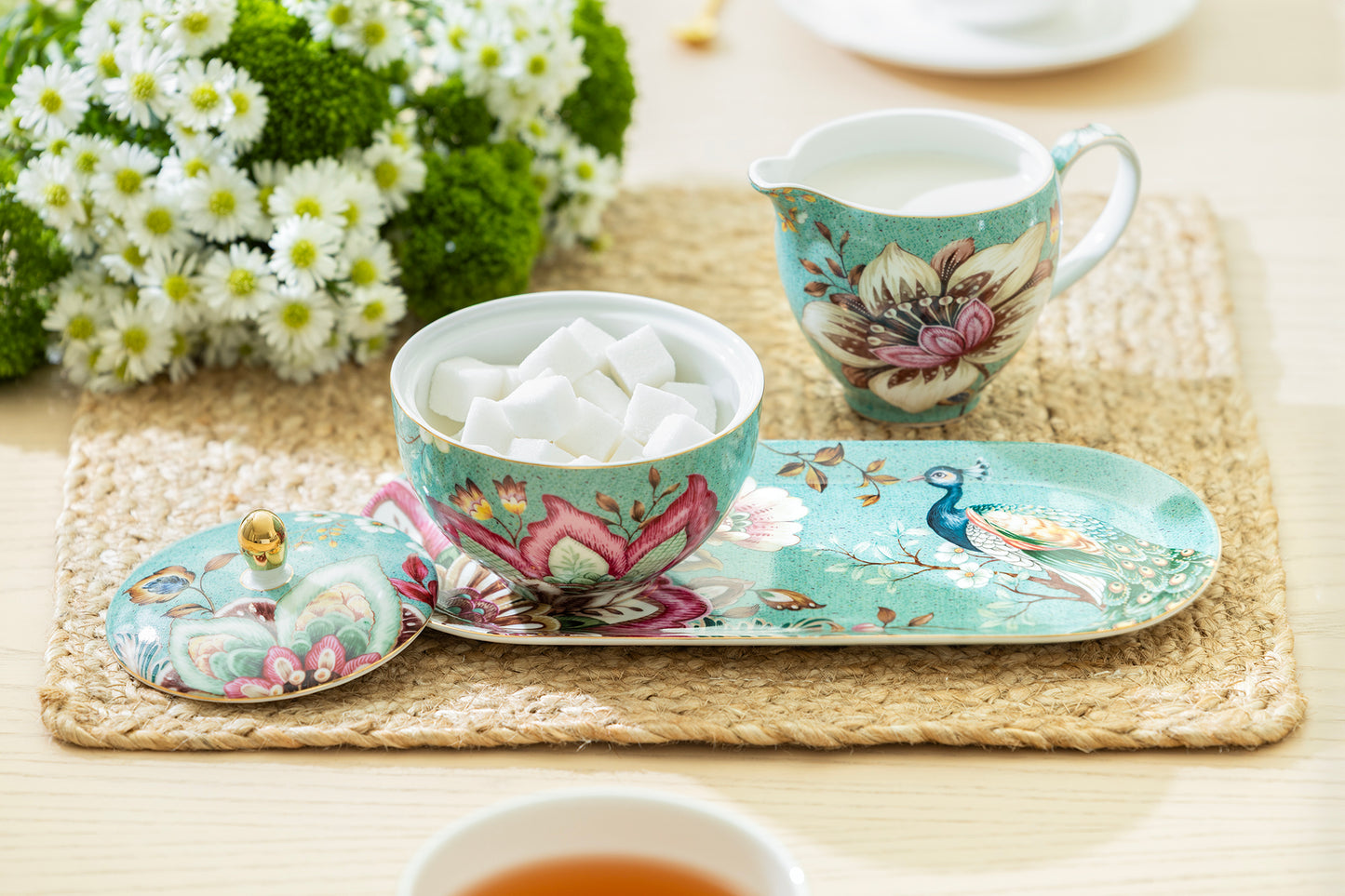 Gift Boxed Peacock Lotus Garden Green Fine Porcelain Sugar Creamer & Serving Tray Set