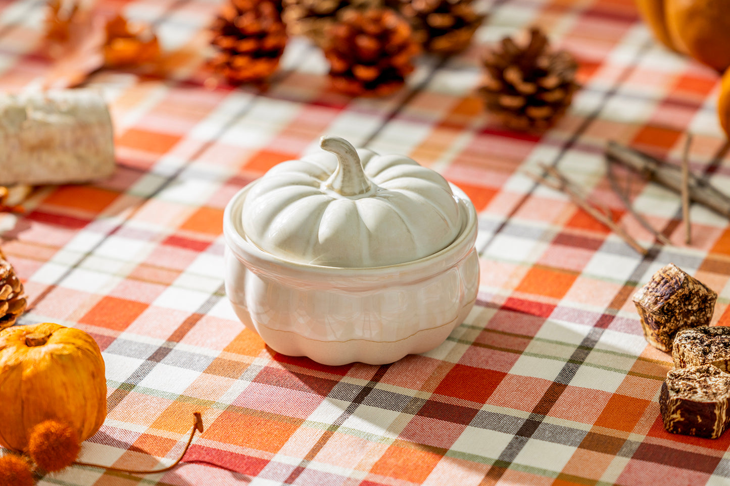 Pumpkin Figural White Reactive Glaze Bowl with Lid
