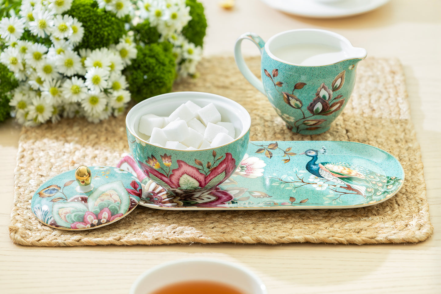 Gift Boxed Peacock Lotus Garden Green Fine Porcelain Sugar Creamer & Serving Tray Set