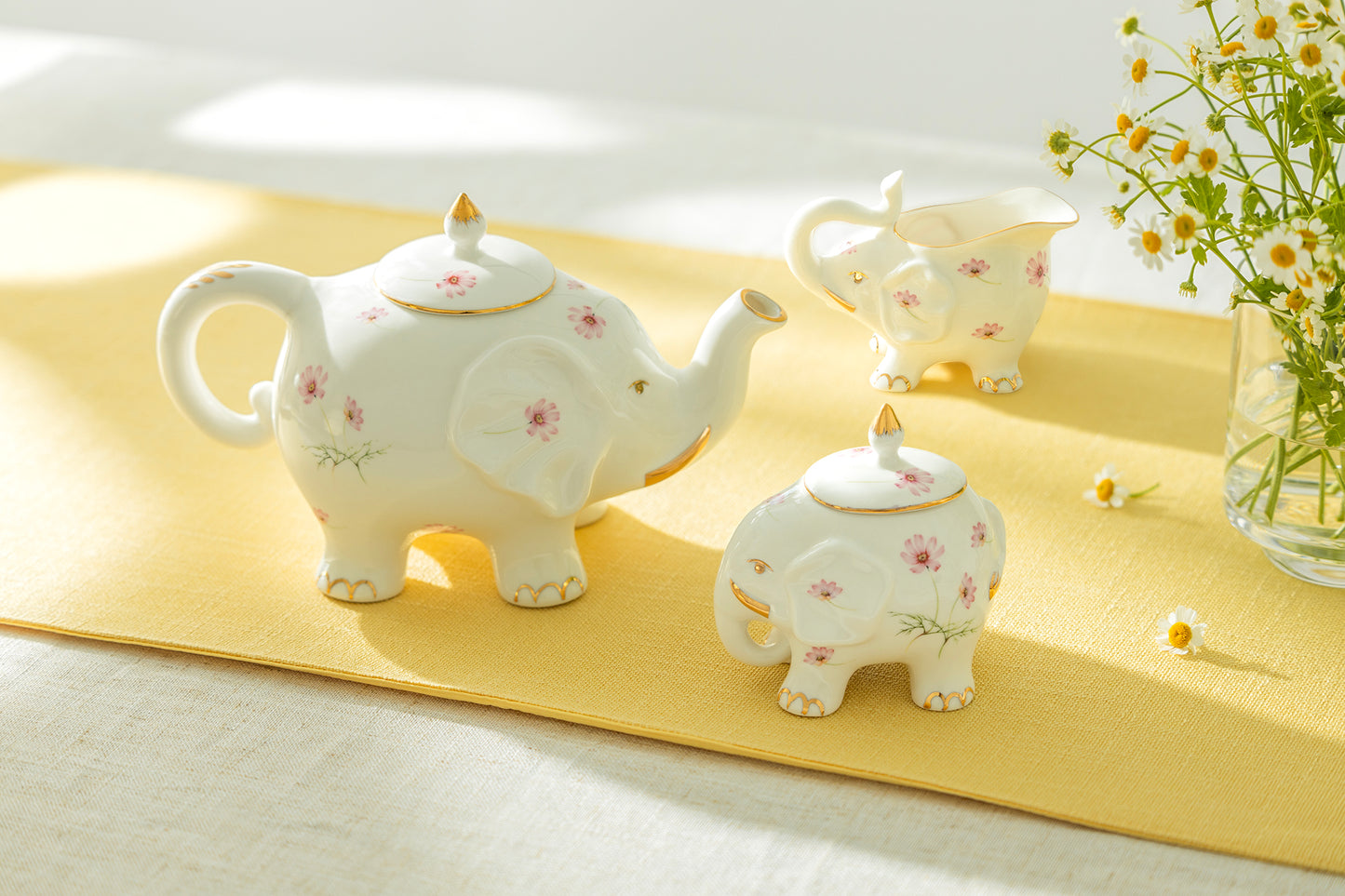 Pink Flower Elephant Fine Porcelain Tea Set