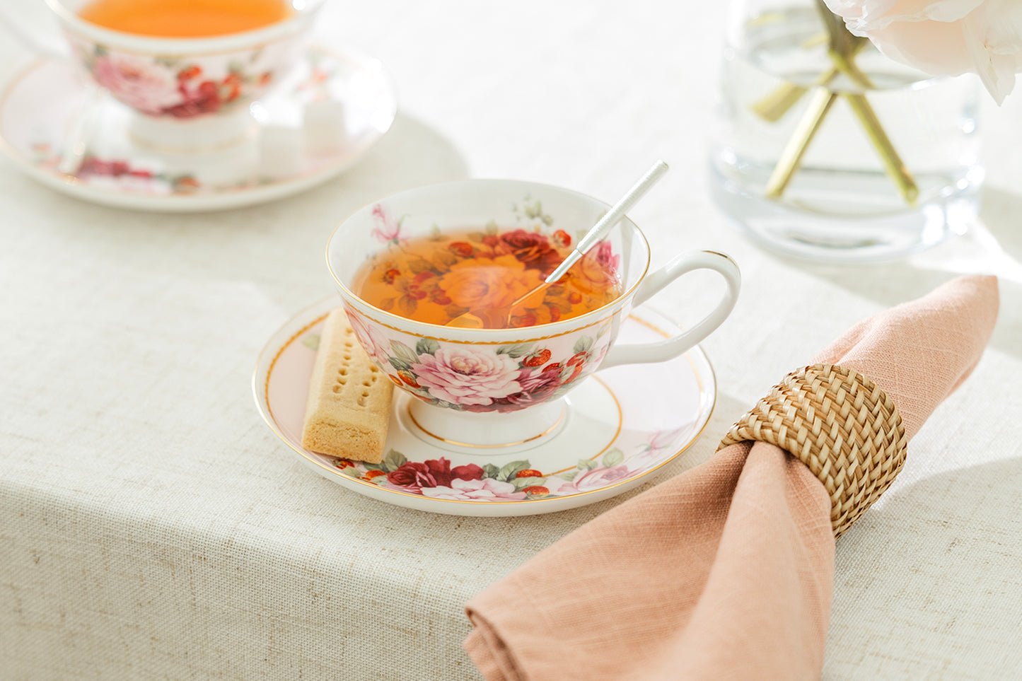 Peony and Strawberry Pink Bone China Tea Cup and Saucer