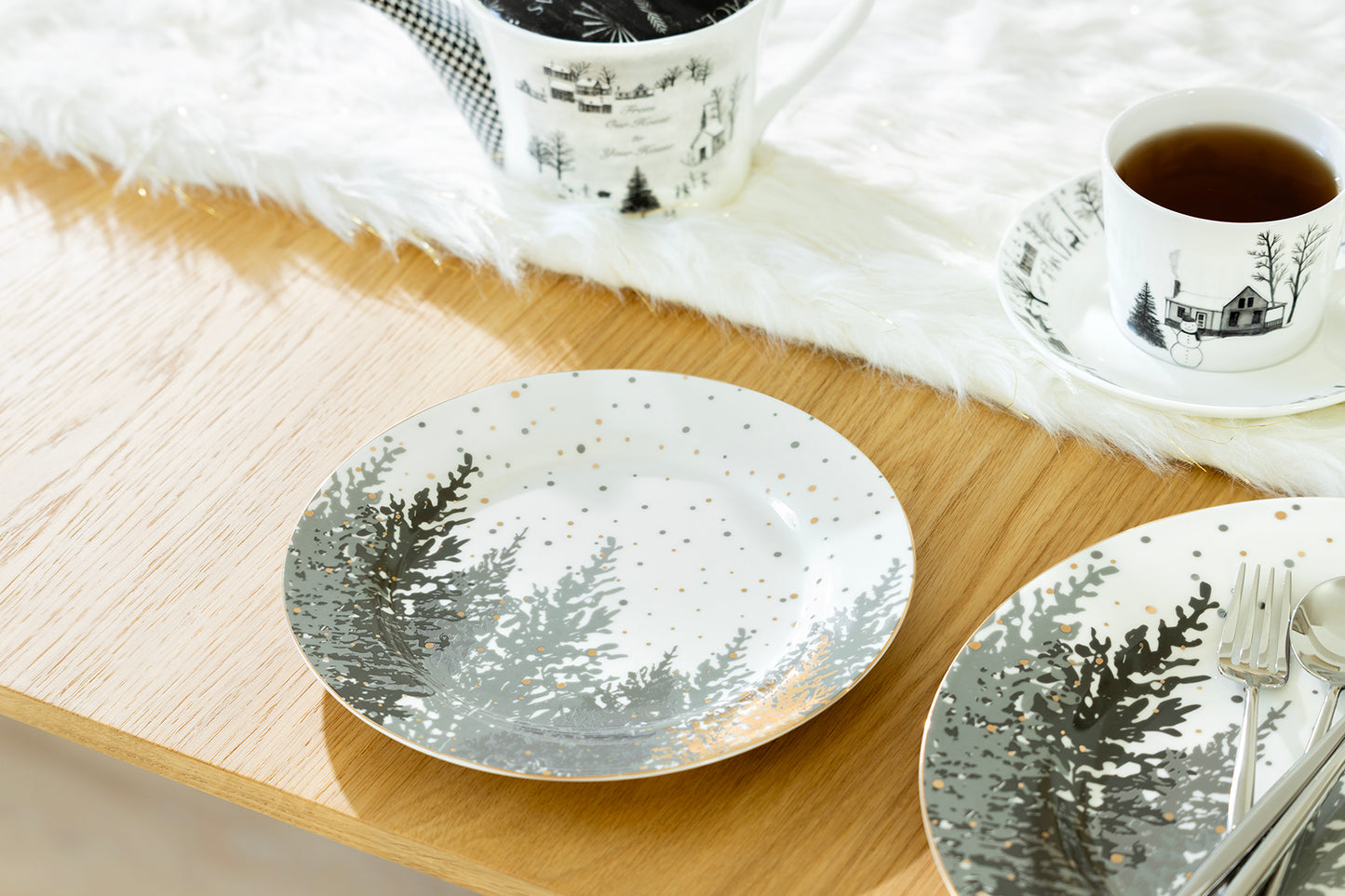 Grey and Gold Winter Forest Fine Porcelain Dessert Plate