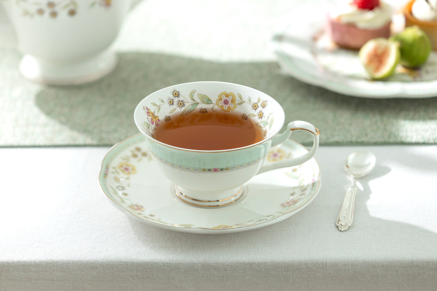 Yellow Corn Flowers with Mint Rim Fine Porcelain Tea Cup and Saucer
