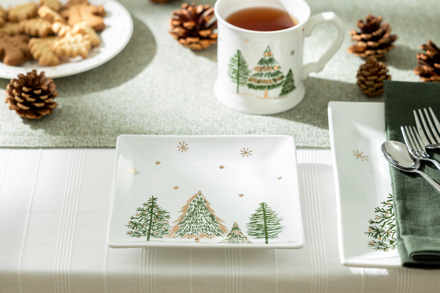 Christmas Pine Trees Fine Porcelain Square Dessert Plate