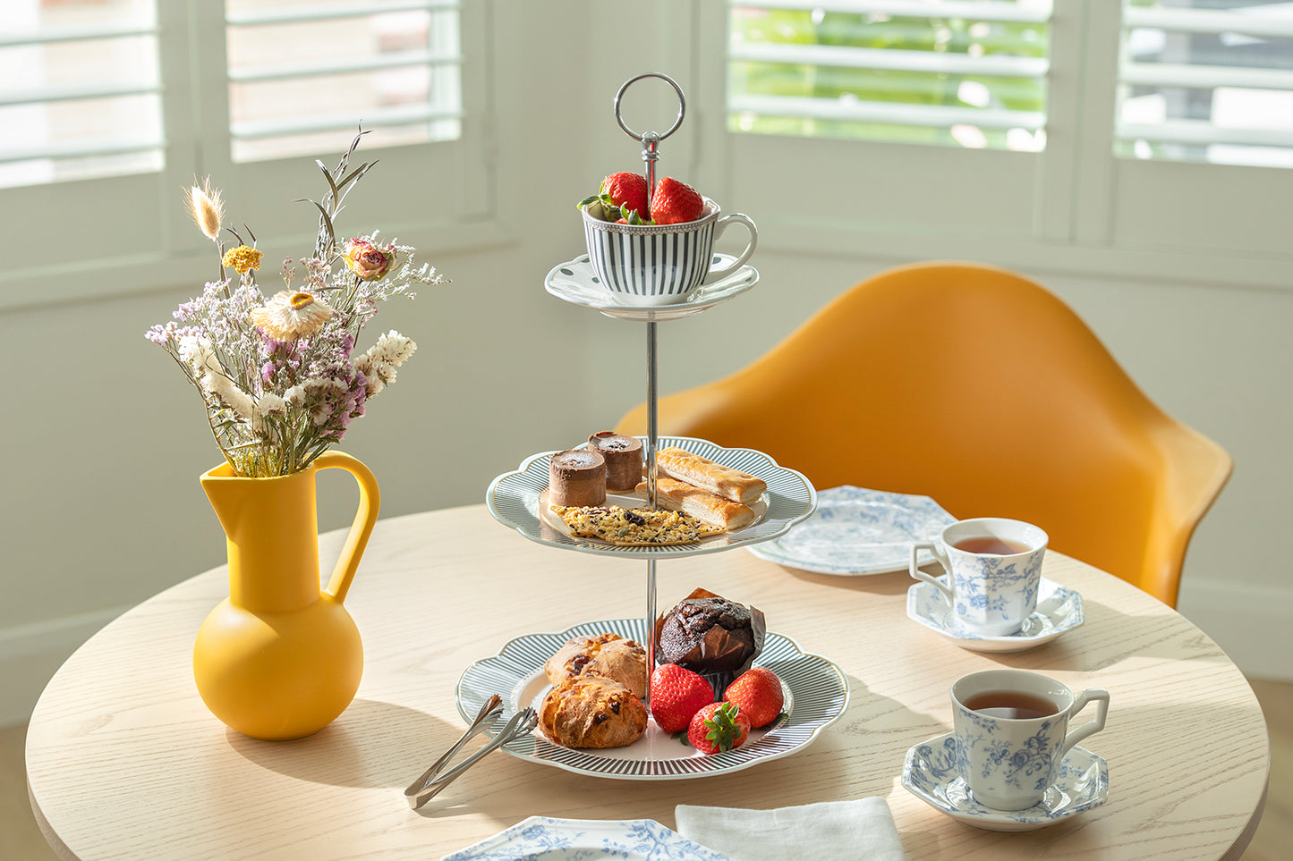 Dark Gray Stripes with Gold Dots Scallop Fine Porcelain 3-Tier Server