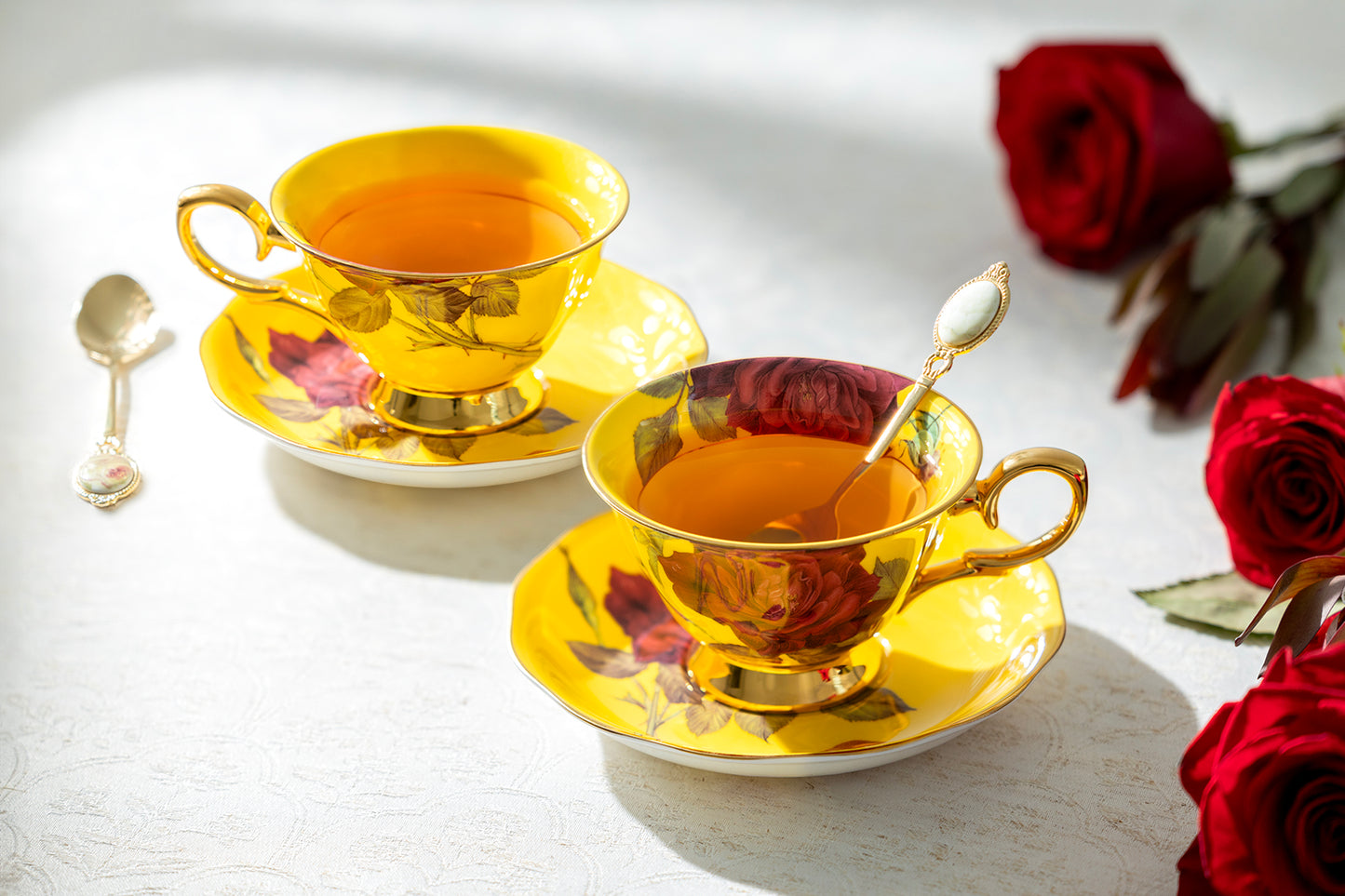 Gold Yellow Stem Rose Bone China Tea Cup and Saucer