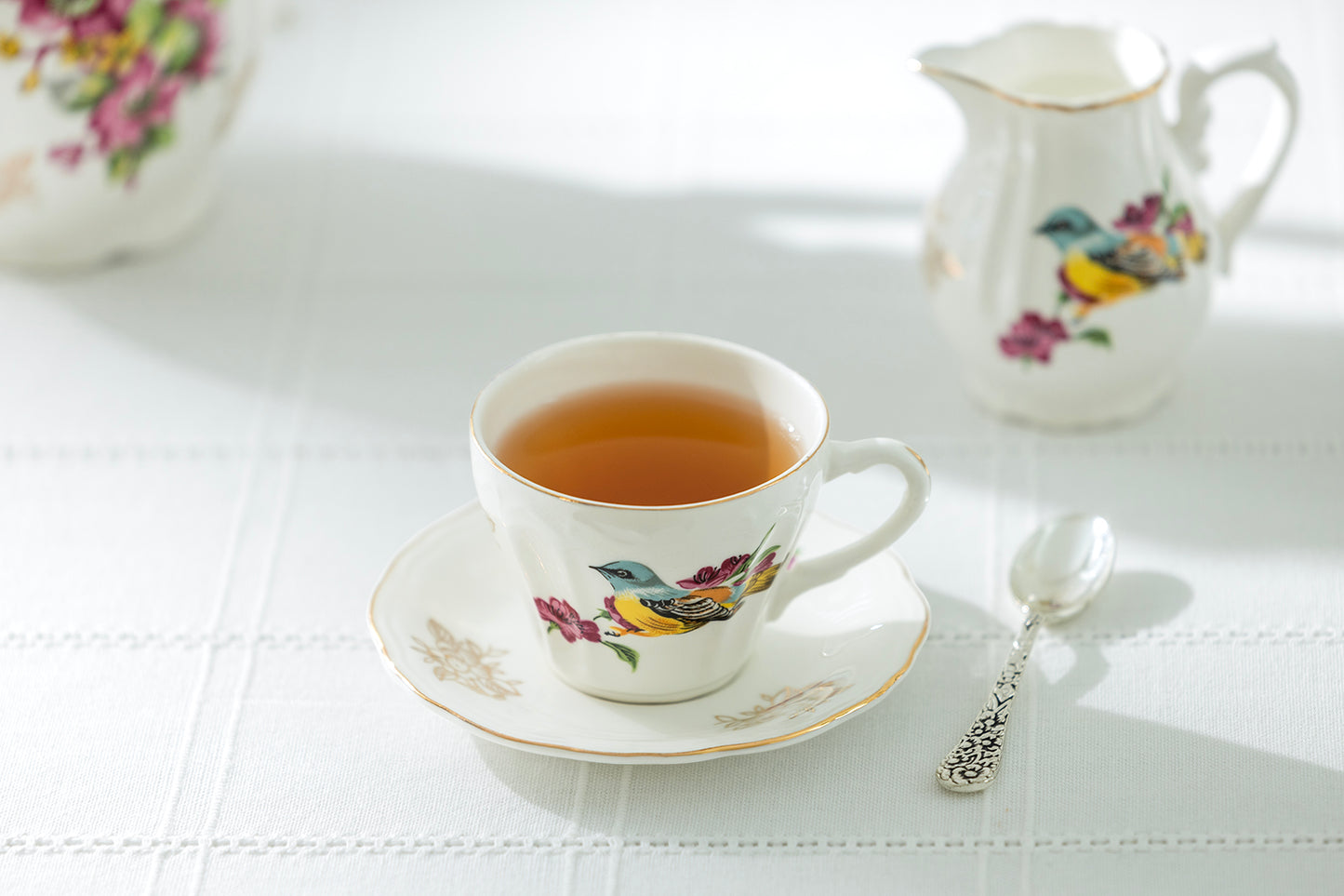 Spring Flowers with Bird Fine Porcelain Mini Tea Cup and Saucer