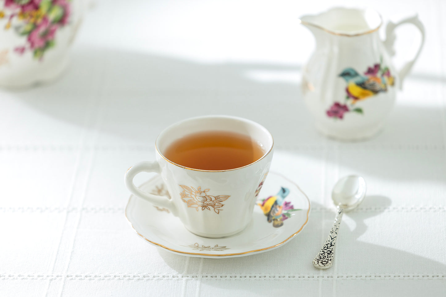 Spring Flowers with Bird Fine Porcelain Mini Tea Cup and Saucer