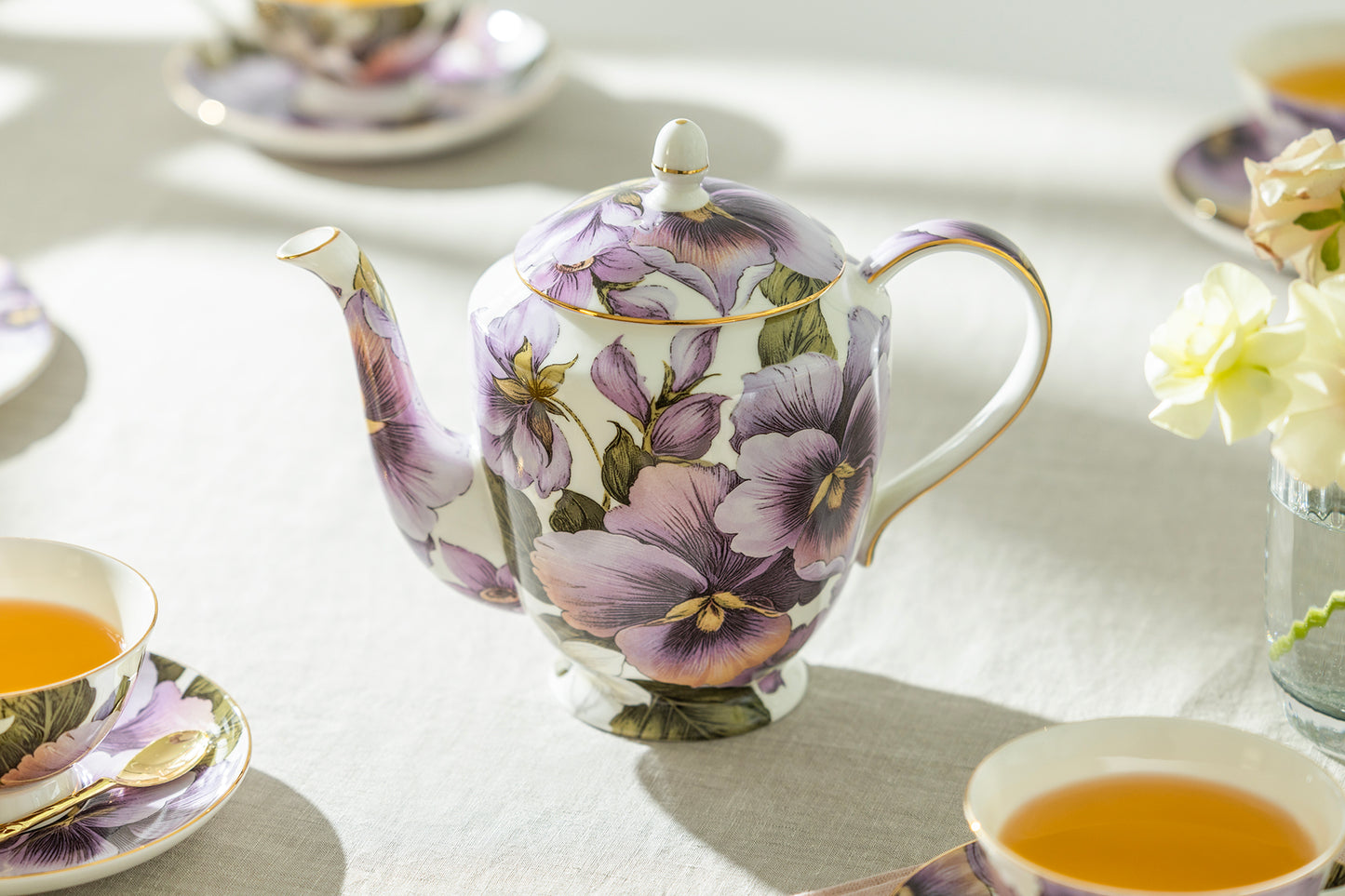 Purple Gold Pansy Bone China Teapot