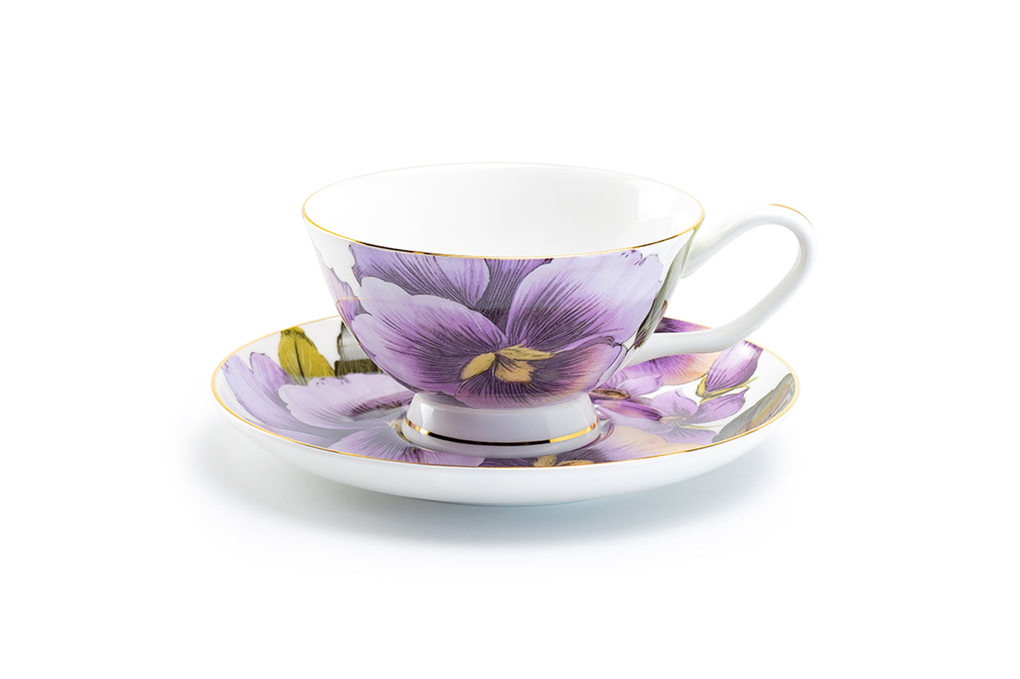 Purple Gold Pansy Bone China Tea Cup and Saucer