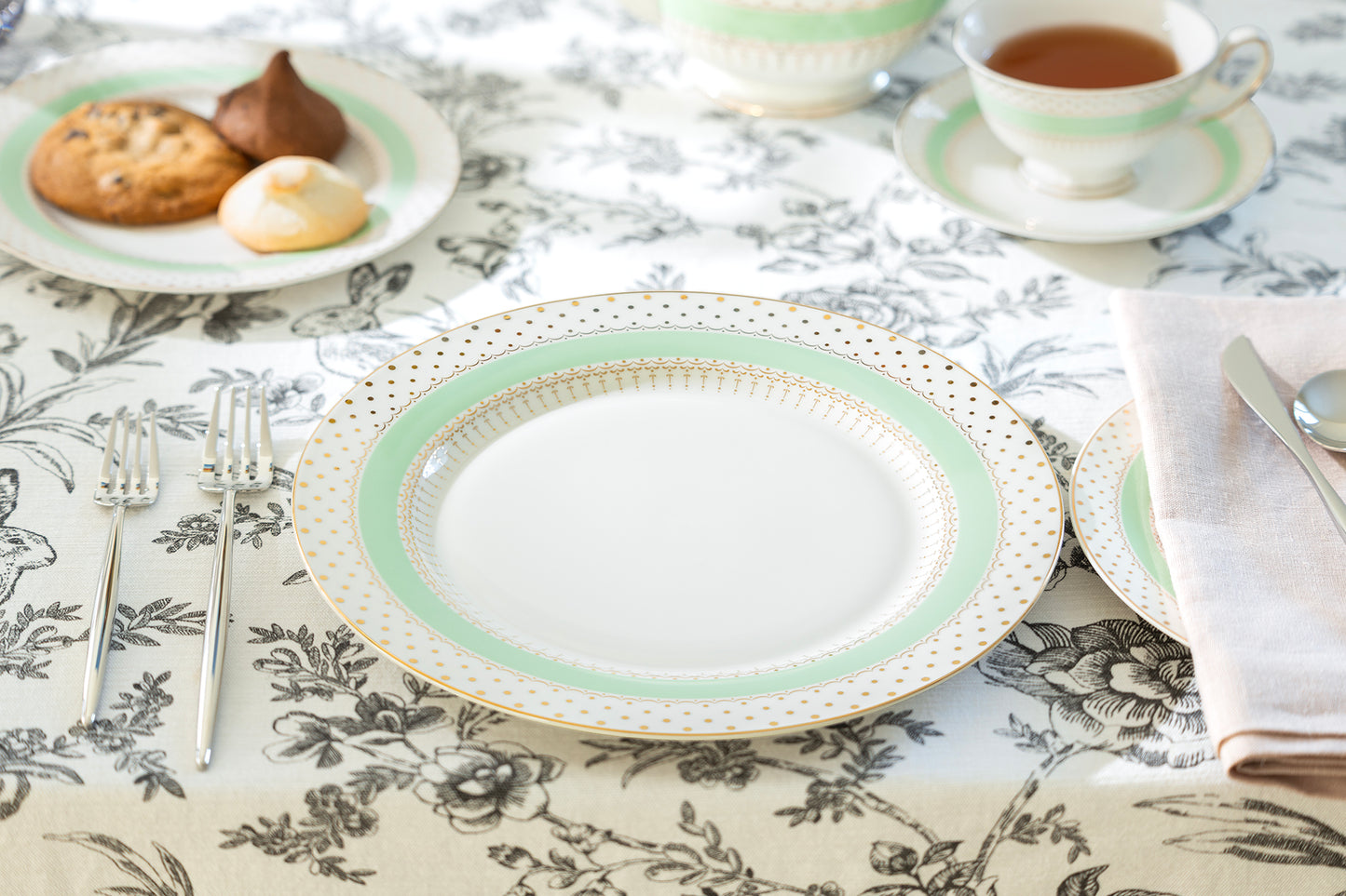 Mint Green Stripe with Gold Dots Fine Porcelain Dinner Plate