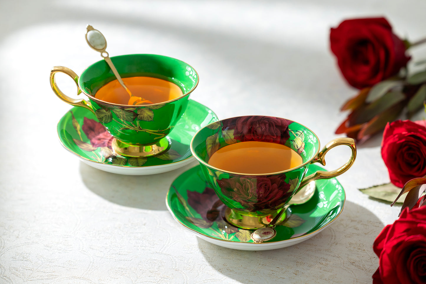 Gold Green Stem Rose Bone China Tea Cup and Saucer