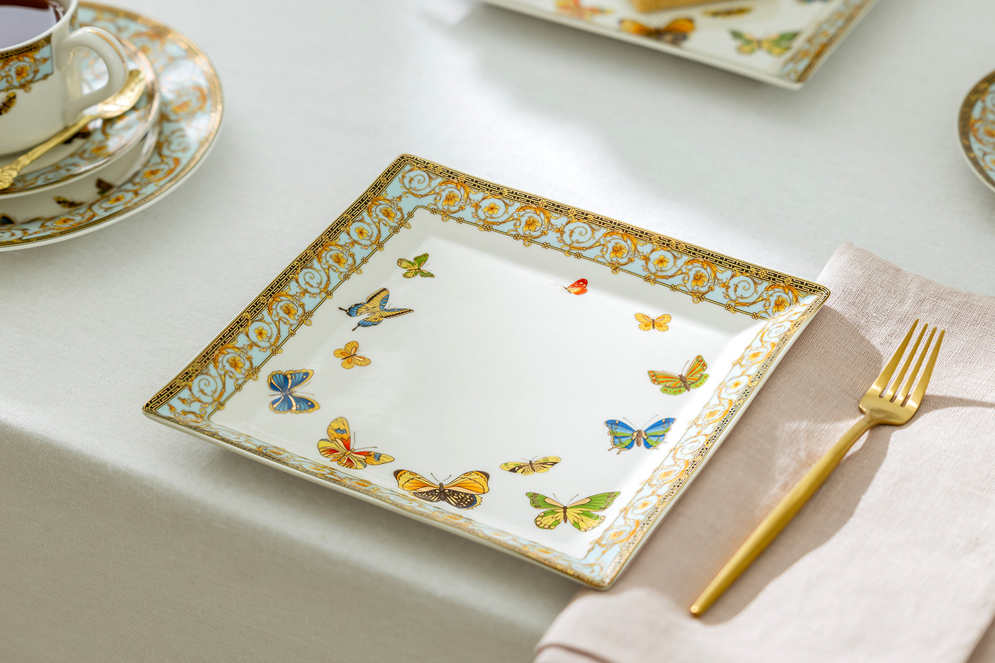 Butterflies with Blue Ornament Fine Porcelain Square Dessert Plate