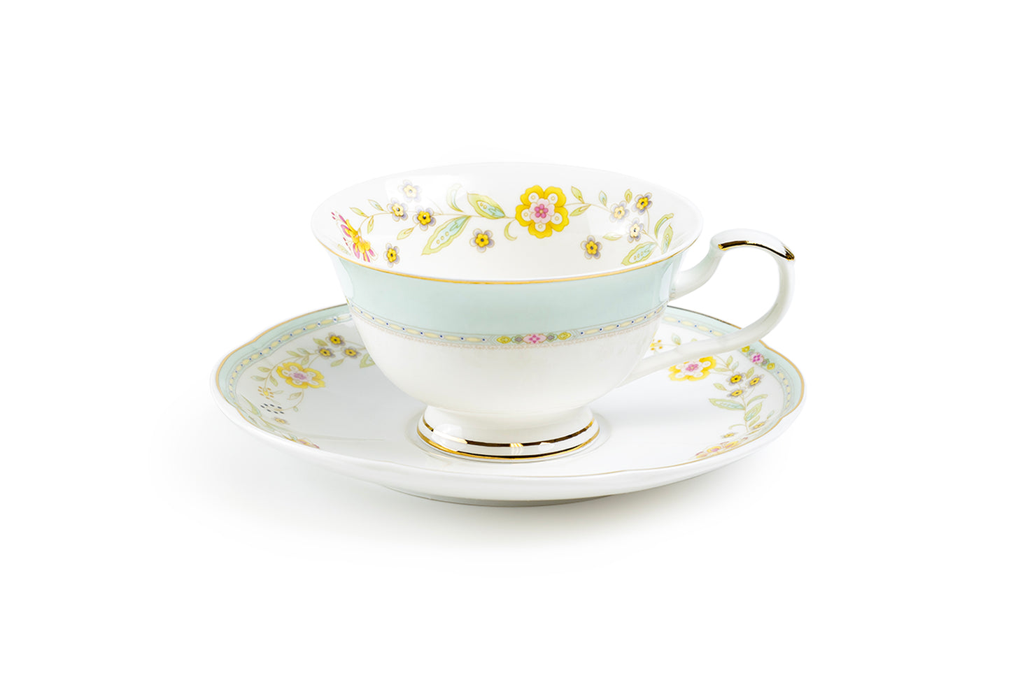Yellow Corn Flowers with Mint Rim Fine Porcelain Tea Cup and Saucer