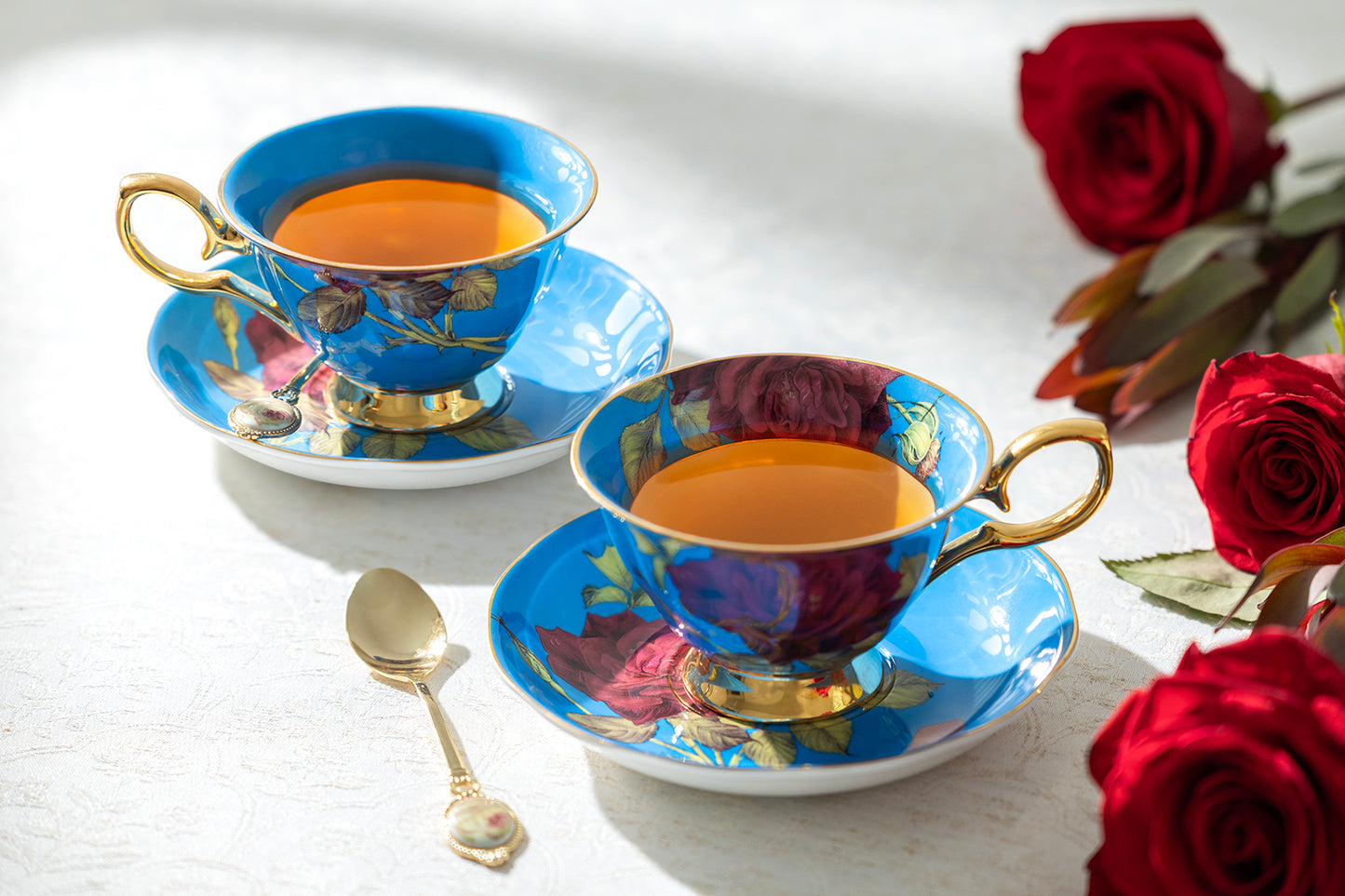 Gold Blue Stem Rose Bone China Tea Cup and Saucer