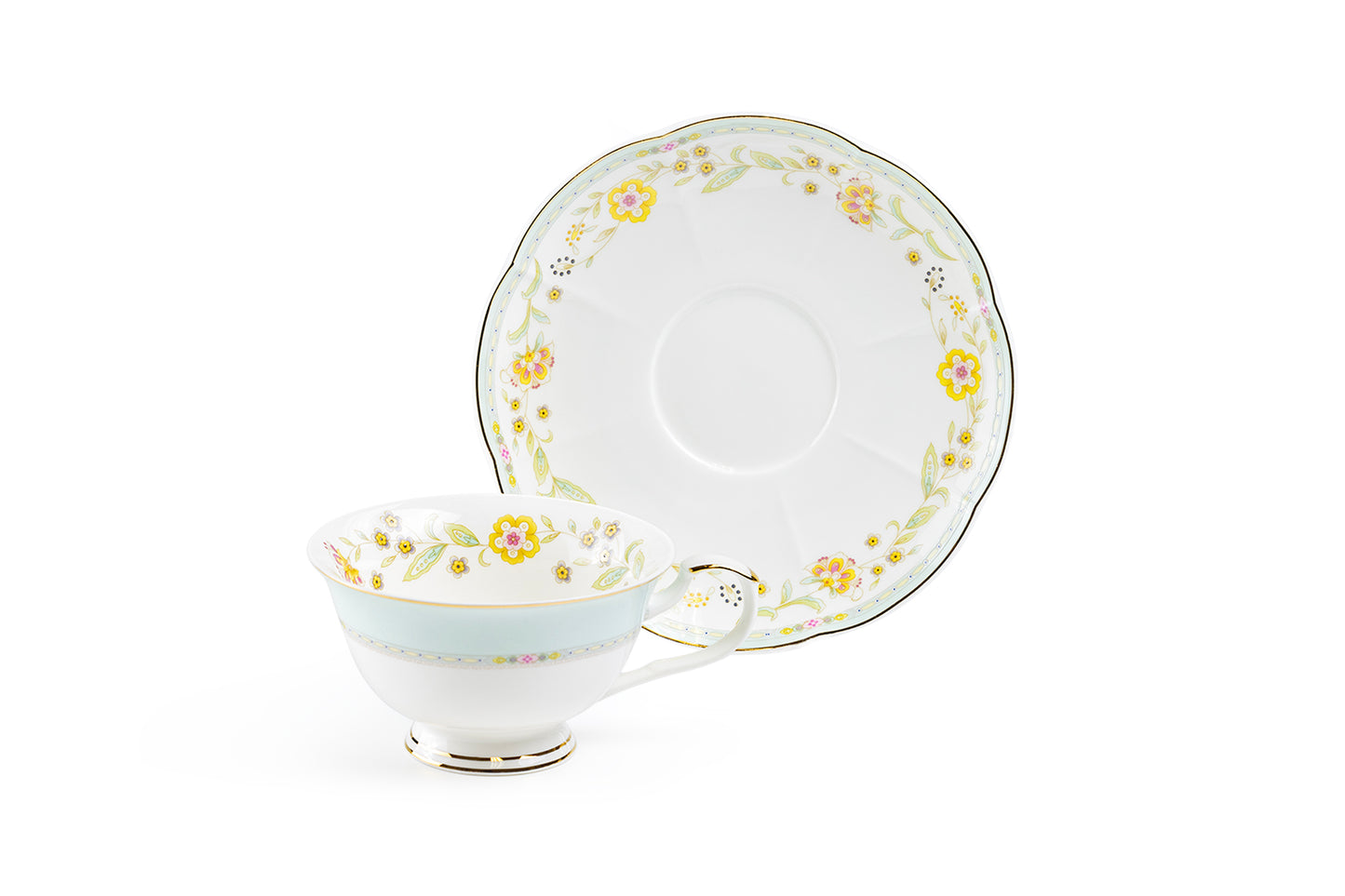 Yellow Corn Flowers with Mint Rim Fine Porcelain Tea Cup and Saucer