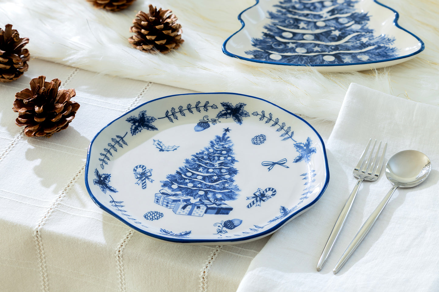 Blue Holly Christmas Tree Dessert/Salad Plate