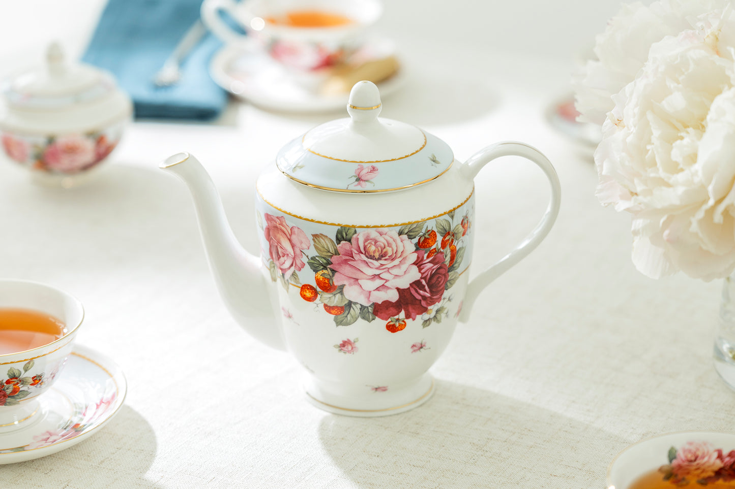 Peony and Strawberry Blue Bone China Teapot