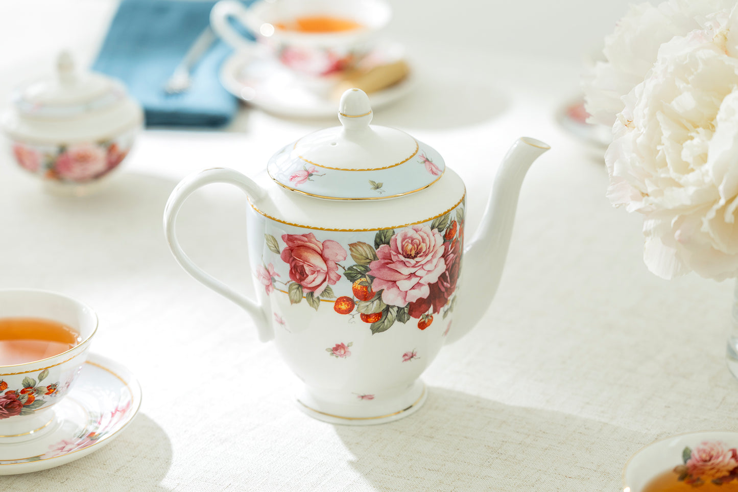 Peony and Strawberry Blue Bone China Teapot