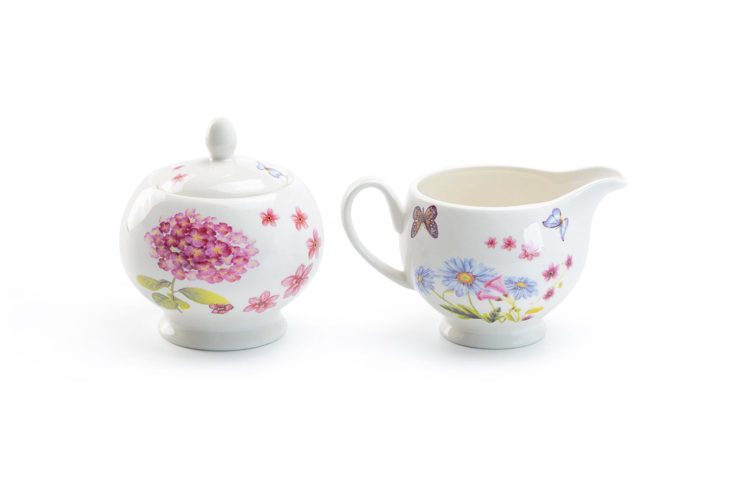 Hydrangea with Butterflies Fine Porcelain Sugar & Creamer Set