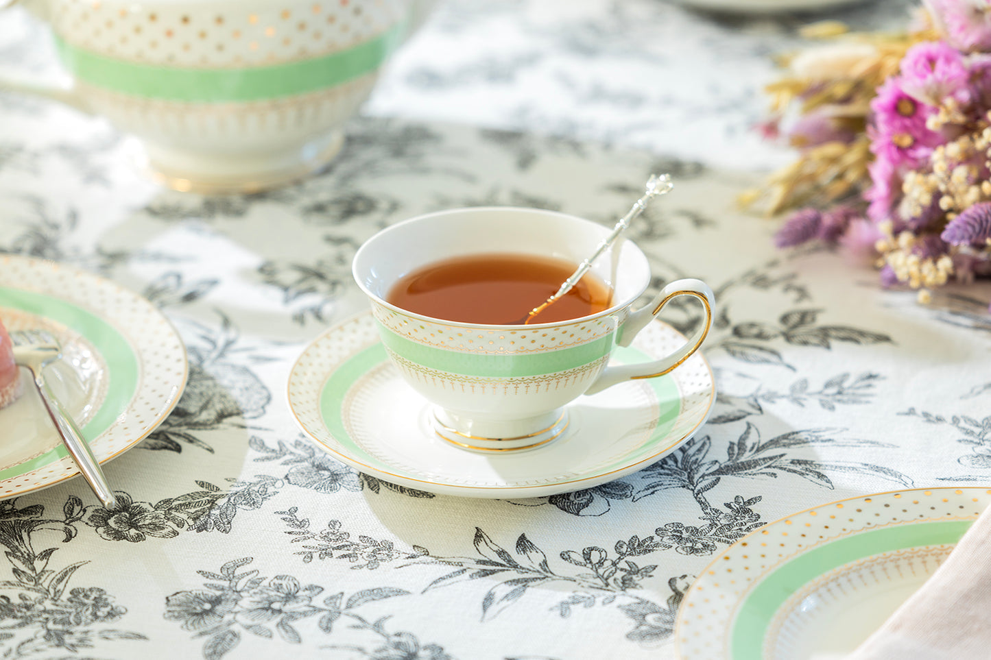 Mint Green Stripe with Gold Dots Fine Porcelain Tea Cup and Saucer