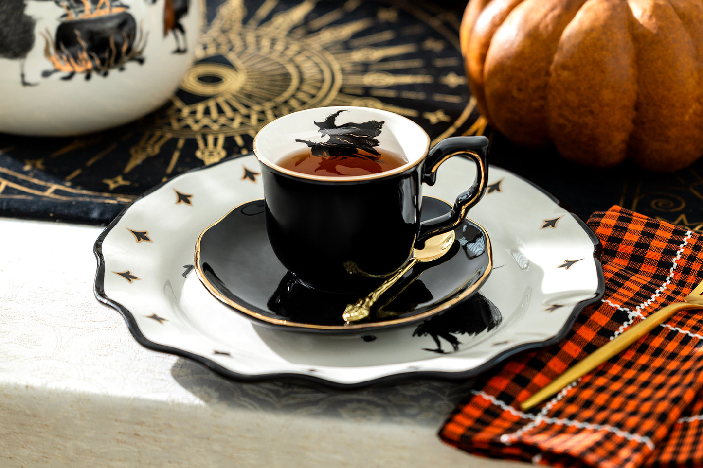 Flying Witch Black Gold Tea Cup and Saucer