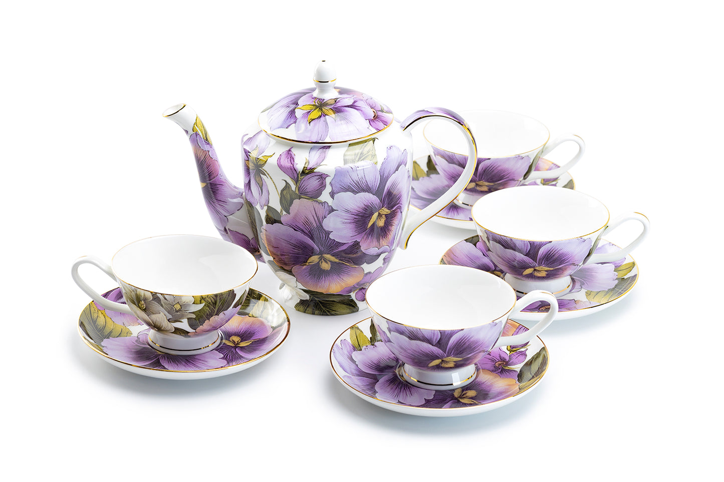 Purple Gold Pansy Bone China Tea Set
