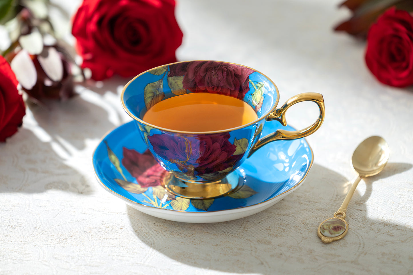 Gold Blue Stem Rose Bone China Tea Cup and Saucer