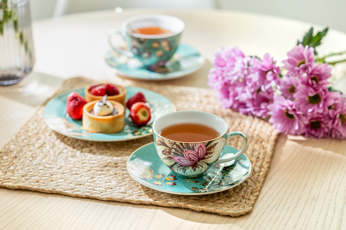 Peacock Lotus Garden Green Fine Porcelain Cup and Saucer Set of 2