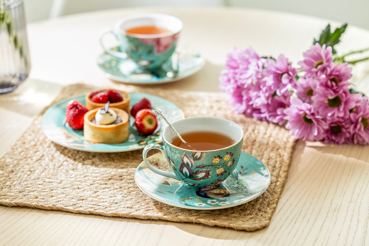 Peacock Lotus Garden Green Fine Porcelain Cup and Saucer Set of 2