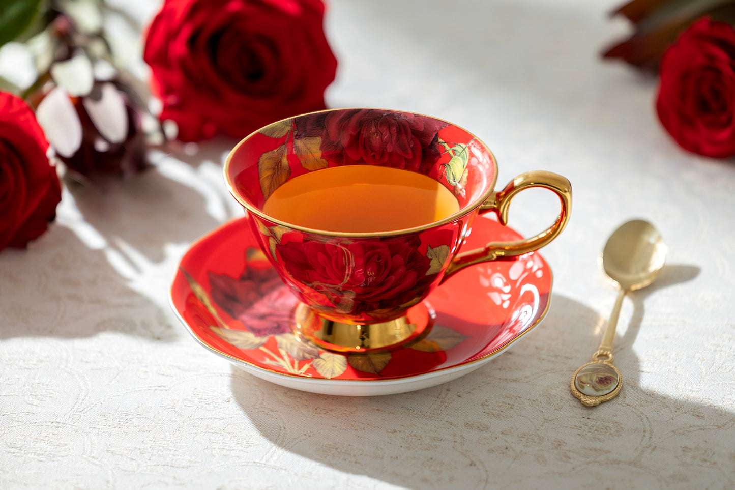 Gold Red Stem Rose Bone China Tea Cup and Saucer
